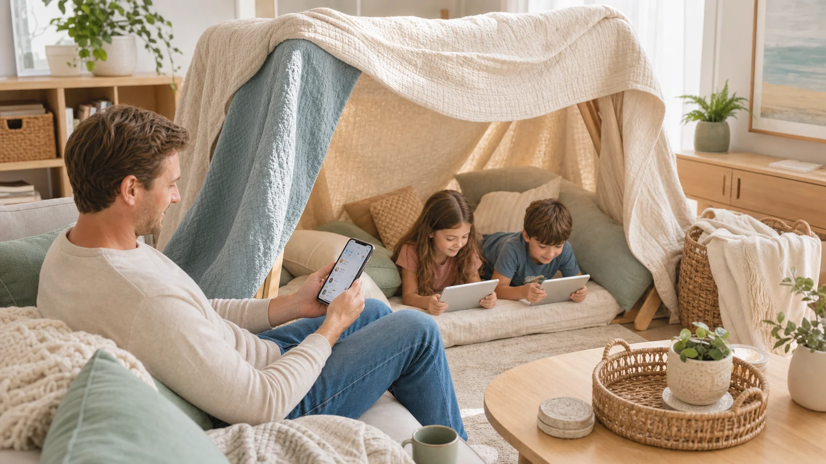 A parent reviewing controls while children play near devices in a light blanket-fort living room.